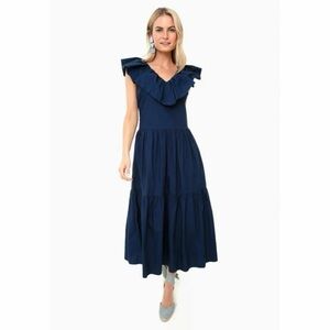 Pomander Place Tuckernuck Navy Blue Ruffle Jo Dress Midi/Maxi Tiered V-Neck XS